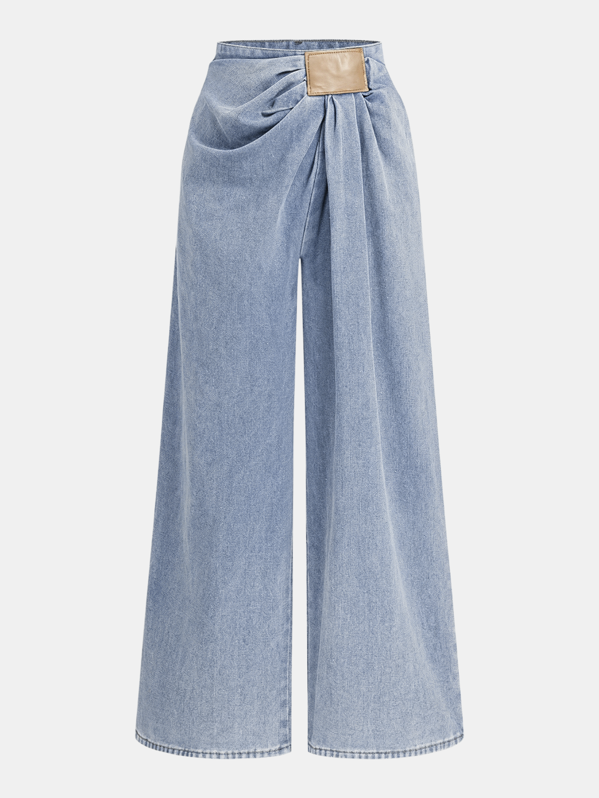 Light blue wide-leg jeans with pleated front, asymmetrical waist ruching, and beige patch.