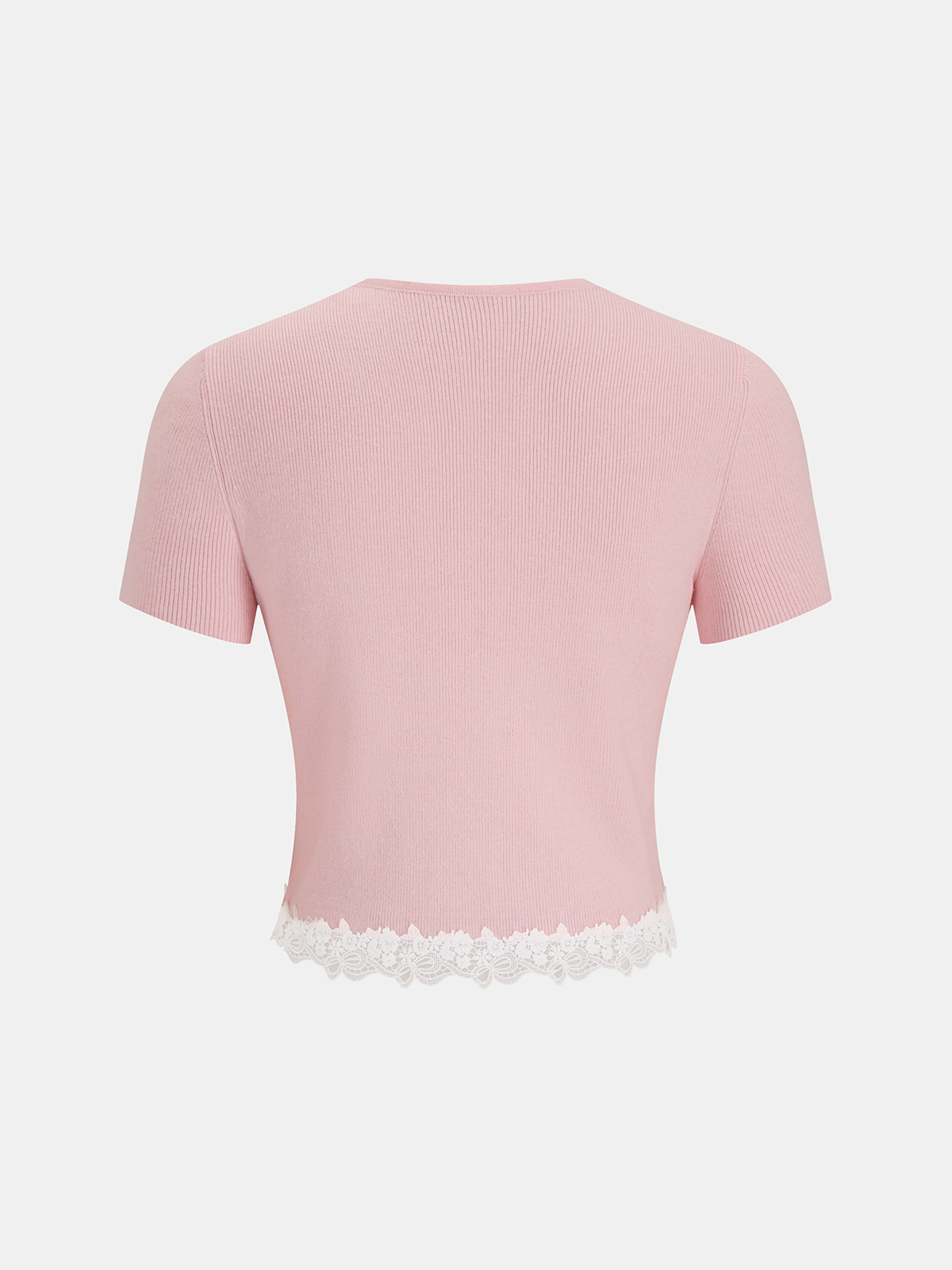 Light pink cropped ribbed cardigan with short sleeves and white lace trim on the hem.