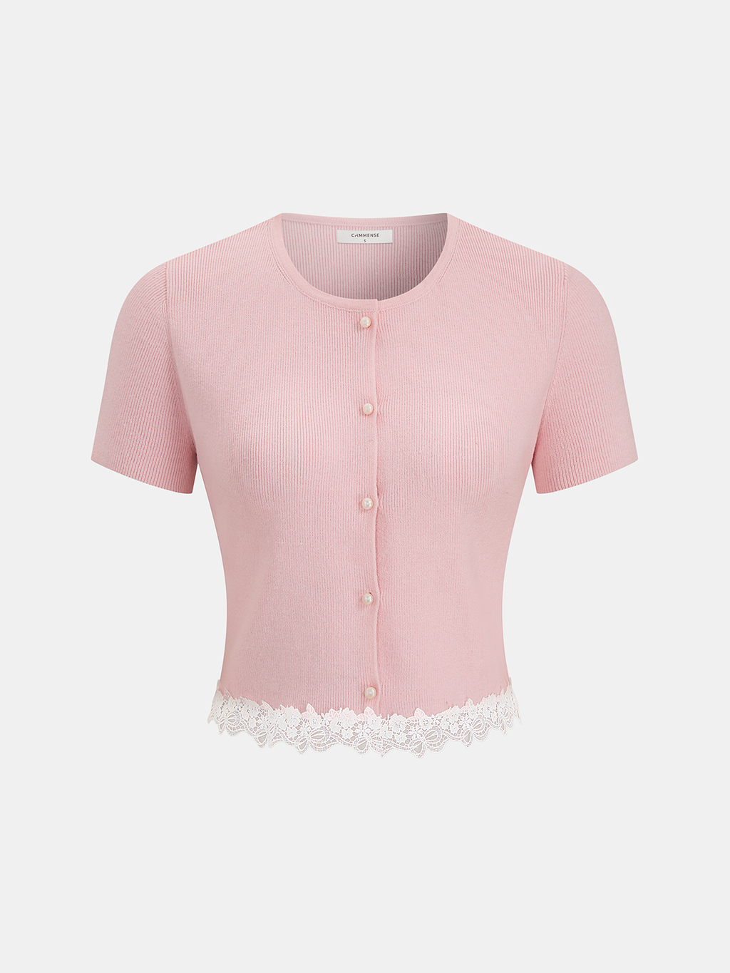 Short sleeve ribbed cardigan with pearl buttons and delicate white lace trim at hem.
