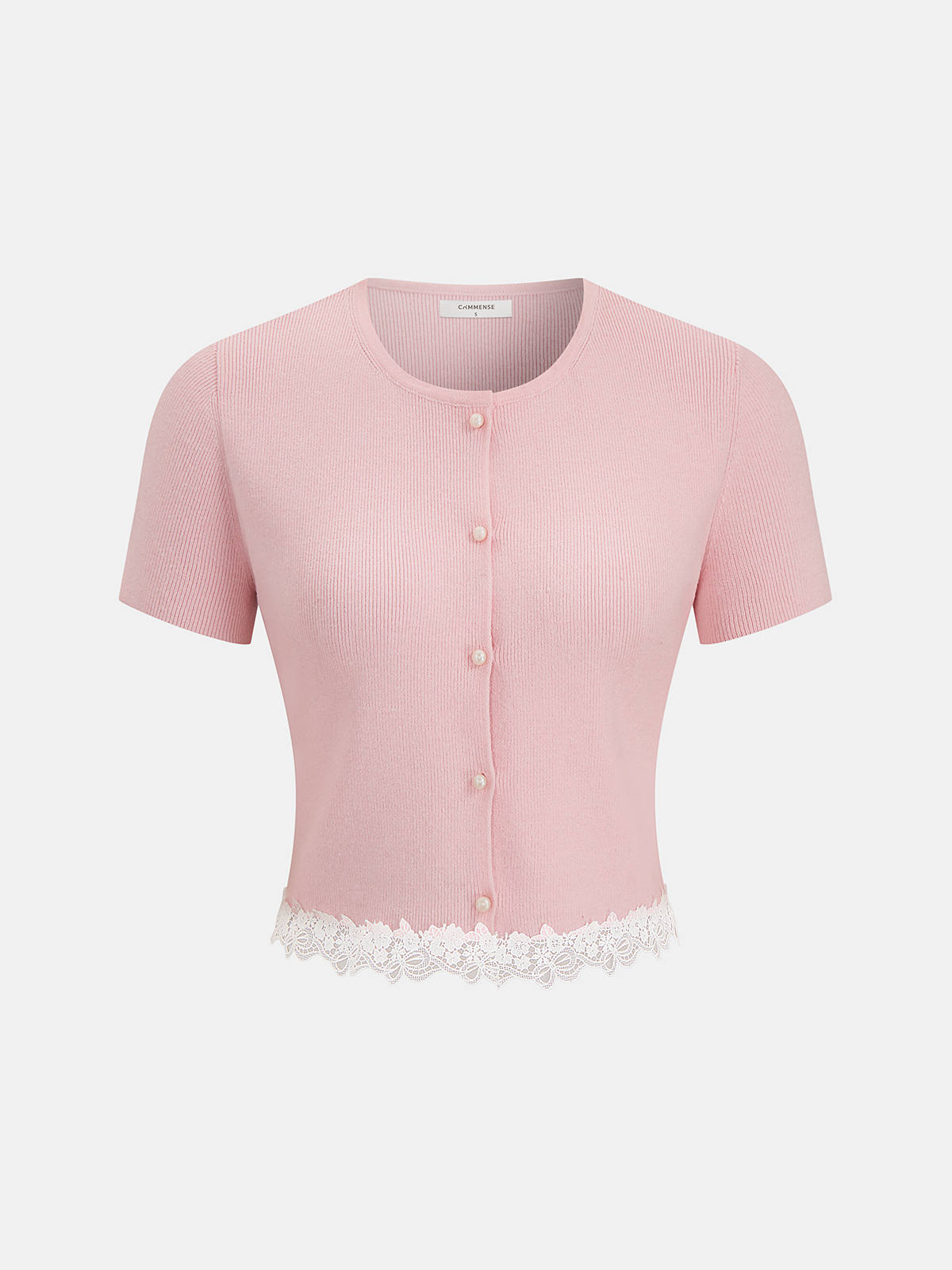 Short sleeve ribbed cardigan with pearl buttons and delicate white lace trim at hem.