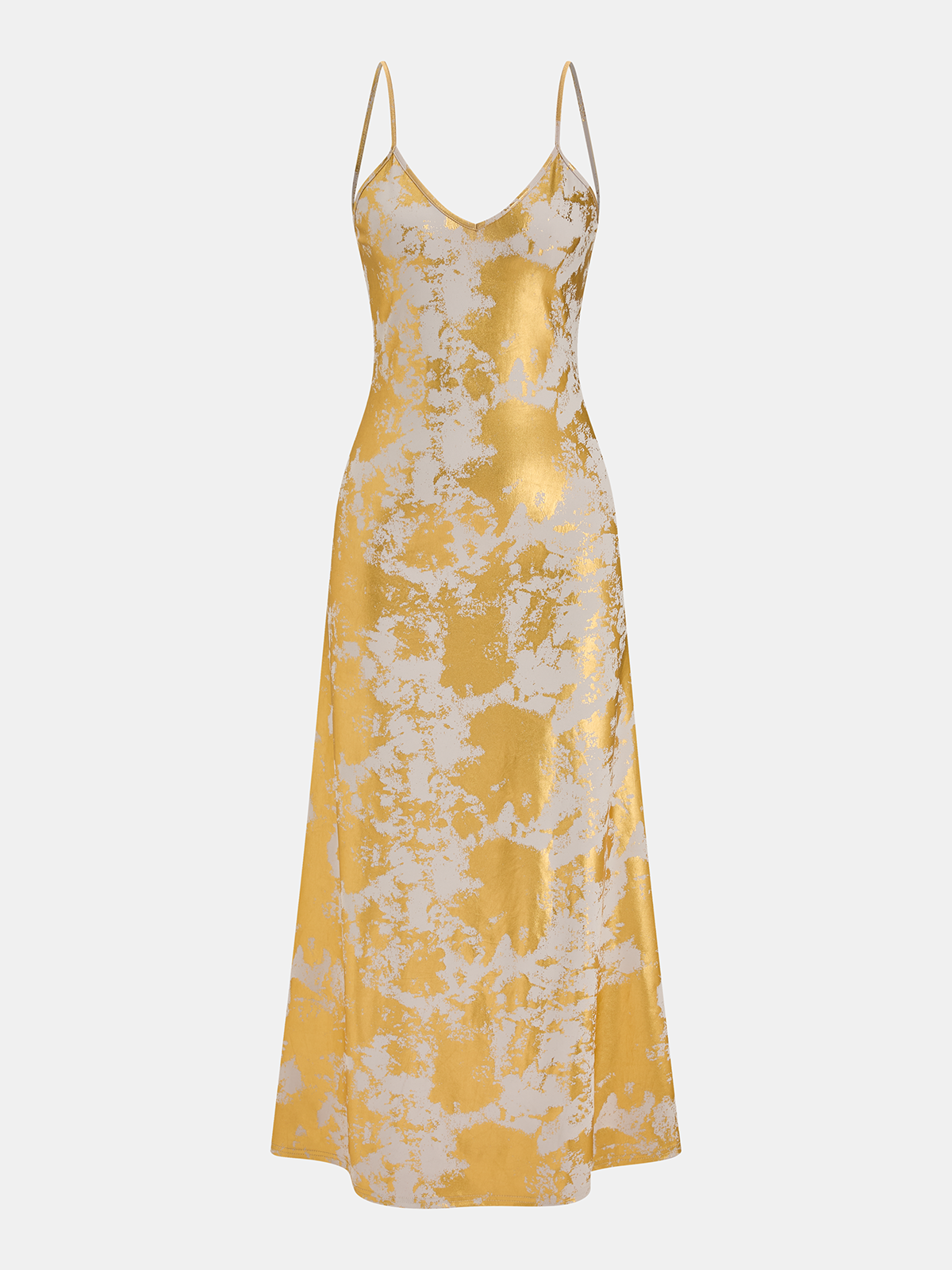 Metallic V-neck slip dress with elegant straps and a backless design, effortlessly chic.
