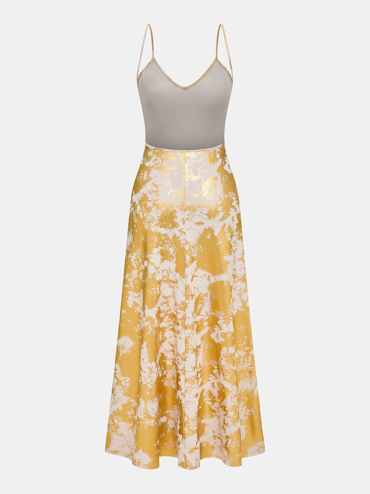 Metallic slip dress with V-neck, grey bodice, gold and white abstract flared skirt.
