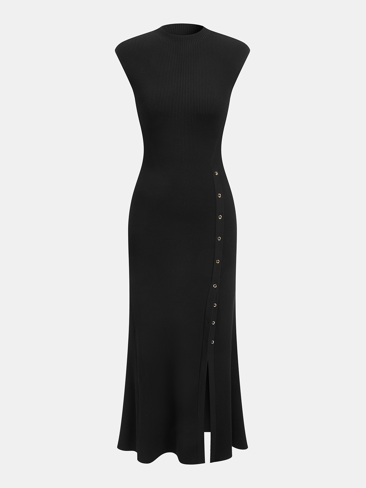 A ribbed knit maxi dress with cap sleeves, button-up side slit, and minimalist style.