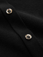 Black cap sleeve ribbed knit maxi dress with two silver buttons and visible stitching.