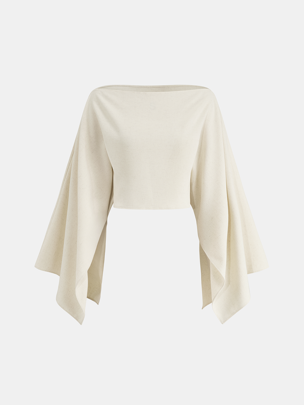 Ivory linen crop top with wide, asymmetrical sleeves and a loose, flowing fit.