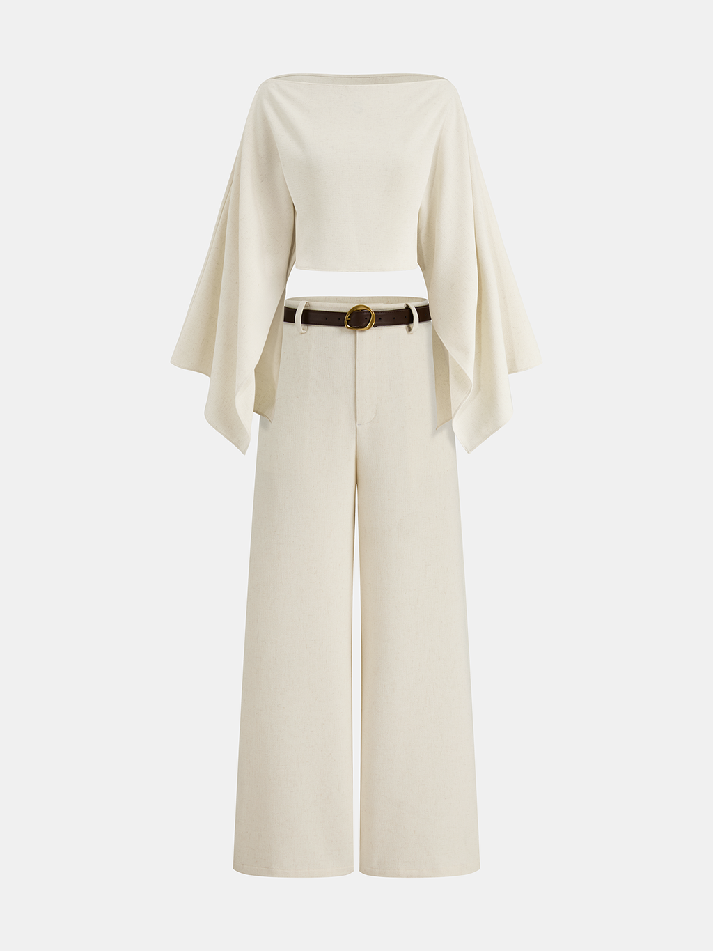 A cream linen crop top with bold sleeves, paired with matching high-waisted wide-leg pants.