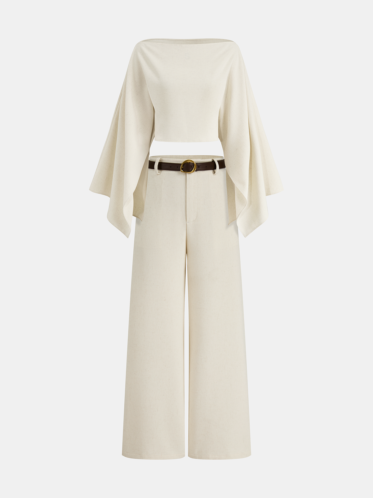 A cream linen crop top with bold sleeves, paired with matching high-waisted wide-leg pants.