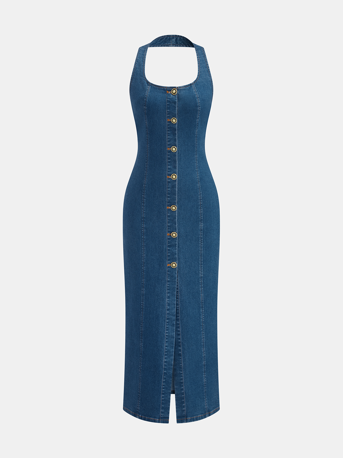 Sleeveless fitted denim maxi dress with button front, vertical seams, and a hem slit.