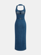 Sleeveless blue denim maxi dress with button front, halter neckline, belted waist, and seam details.