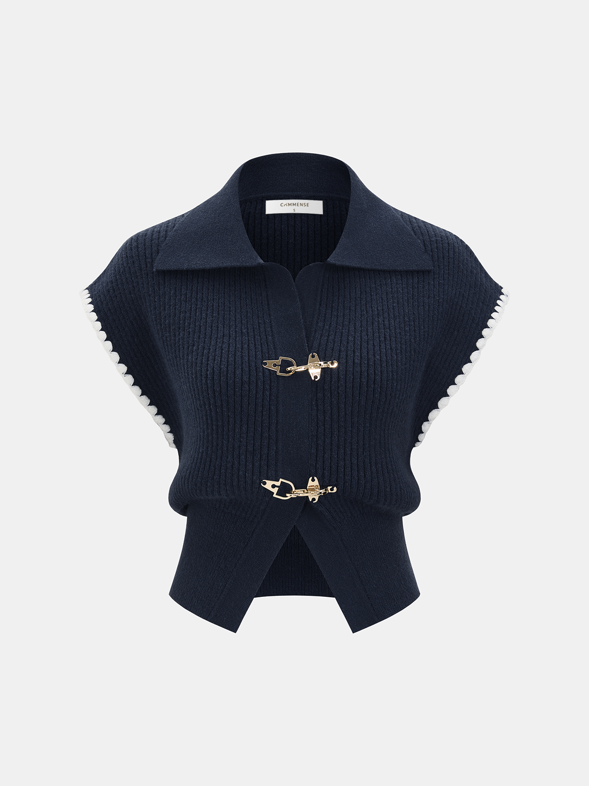 Navy blue sleeveless knit vest with collared neckline, white scalloped trim, and metal clasp.