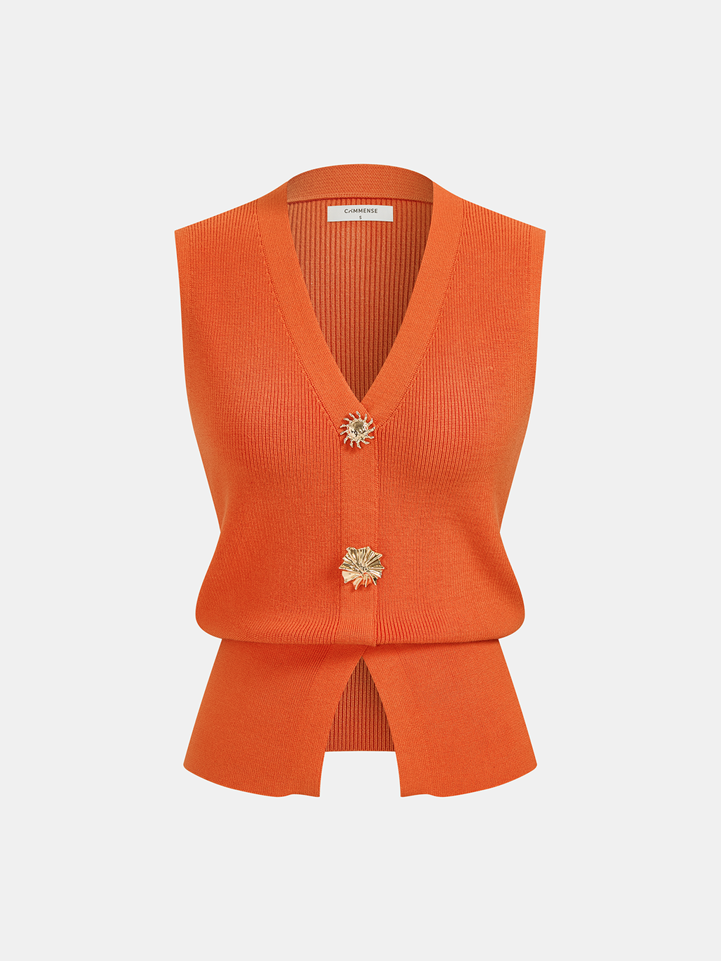 Sleeveless orange knit vest with V-neck, gold floral buttons, and a short center hem slit.