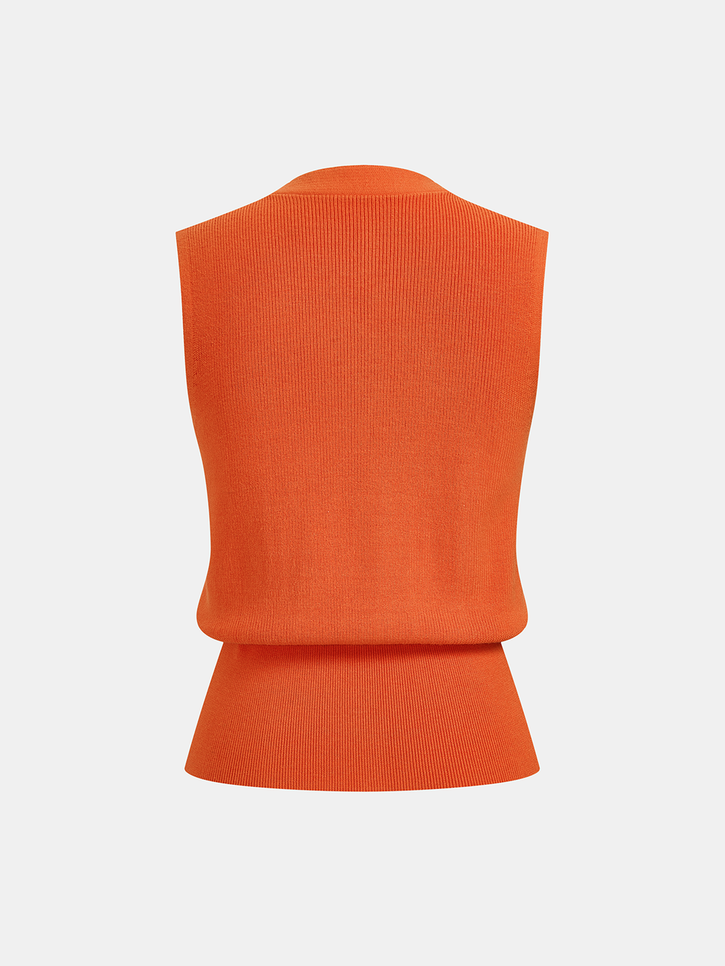 Orange ribbed knit V-neck vest with elegant buttons and folded hem, sleeveless design.