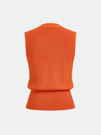 Orange ribbed knit V-neck vest with elegant buttons and folded hem, sleeveless design.