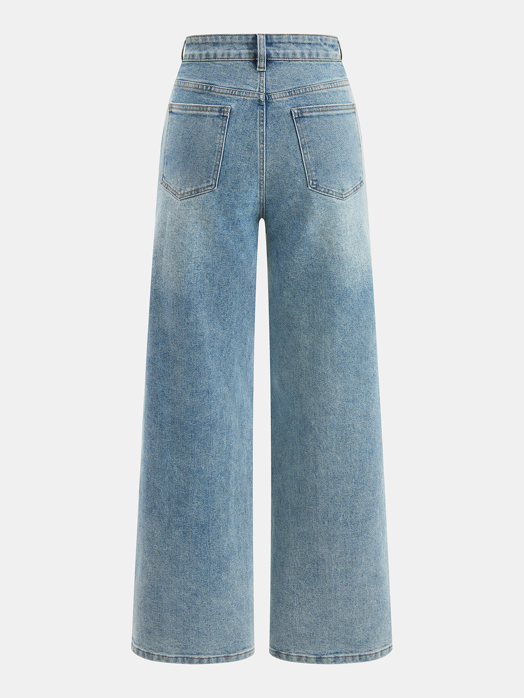 Light blue asymmetric high-rise jeans with straight leg cut, two back pockets, and belt loops.