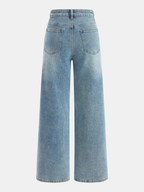 Light blue asymmetric high-rise jeans with straight leg cut, two back pockets, and belt loops.
