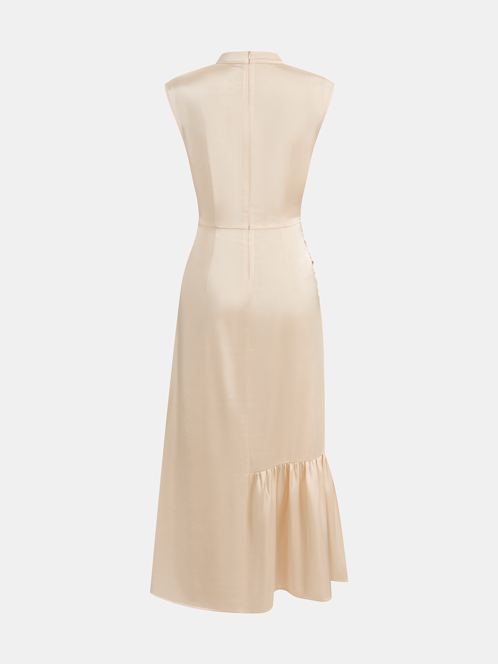 A light beige sleeveless satin midi dress with ruched split, fitted waist, side buttons, ruffled hem.