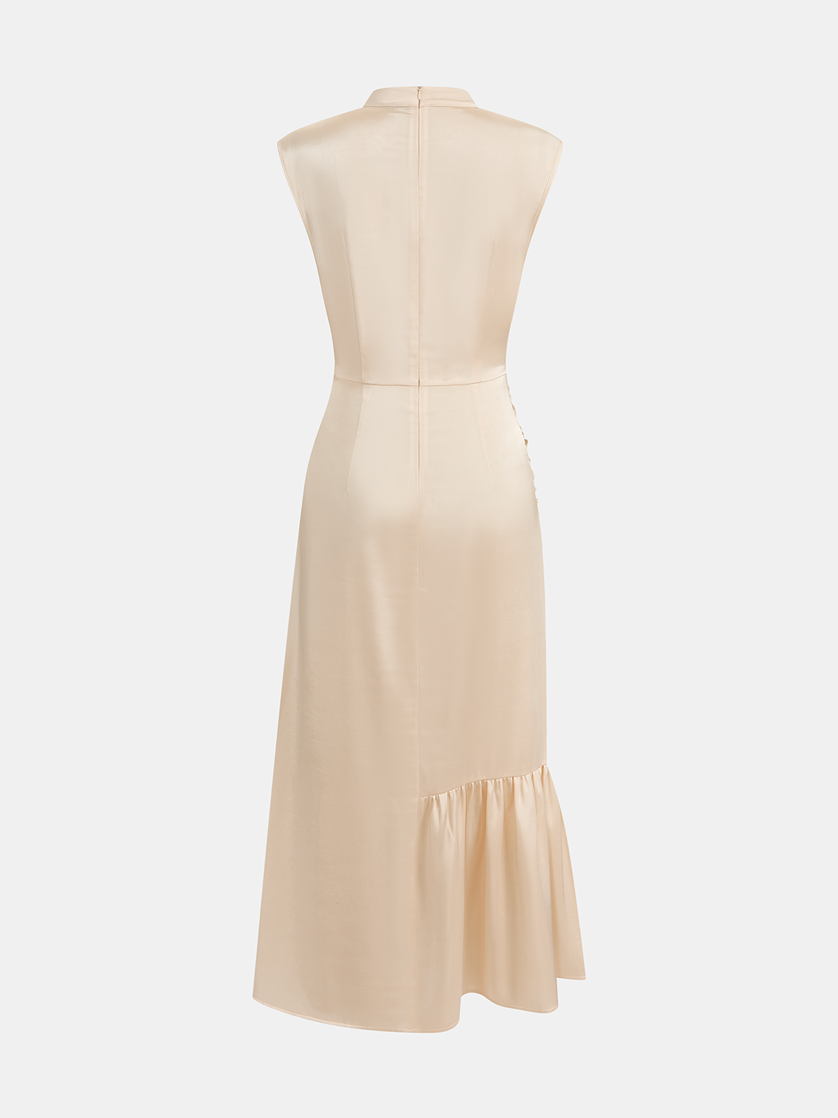 A light beige sleeveless satin midi dress with ruched split, fitted waist, side buttons, ruffled hem.