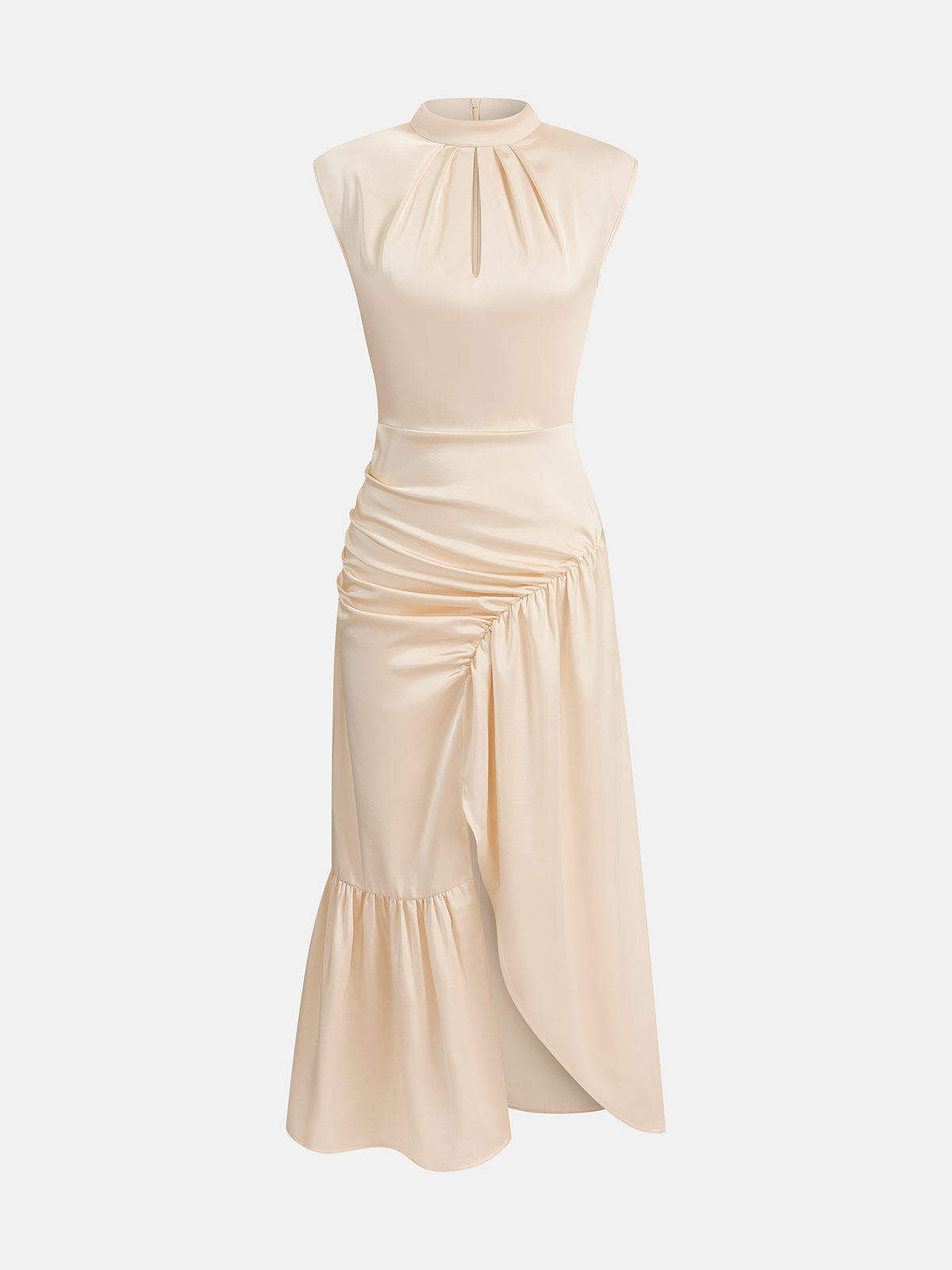 Sleeveless satin midi dress with ruched split, fitted bodice, and elegant draping.