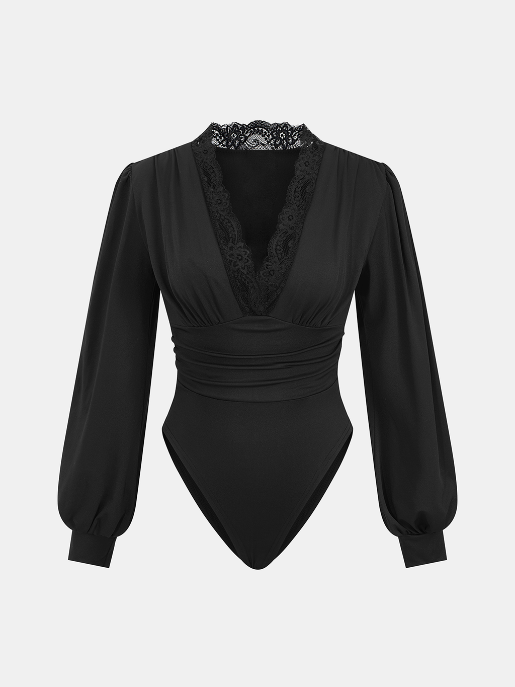 Lace-accented V-neck bodysuit with ruched detailing, puffed sleeves, and fitted cuffs.