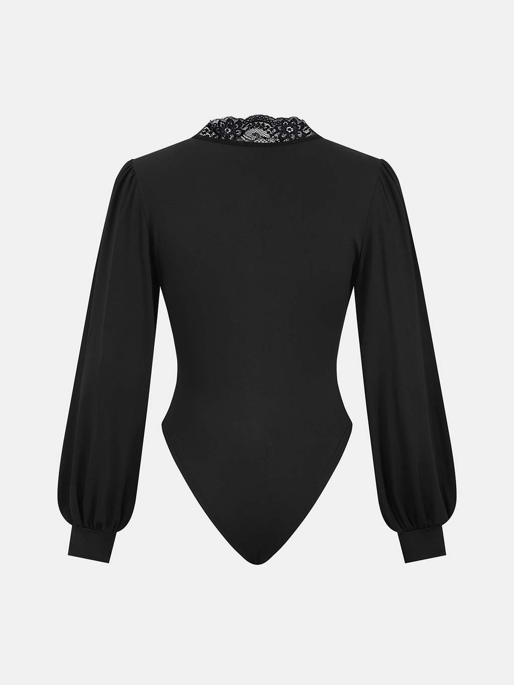 V-neck lace bodysuit with ruched detailing, puffed sleeves, cuffed wrists, invisible zipper.