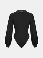 V-neck lace bodysuit with ruched detailing, puffed sleeves, cuffed wrists, invisible zipper.