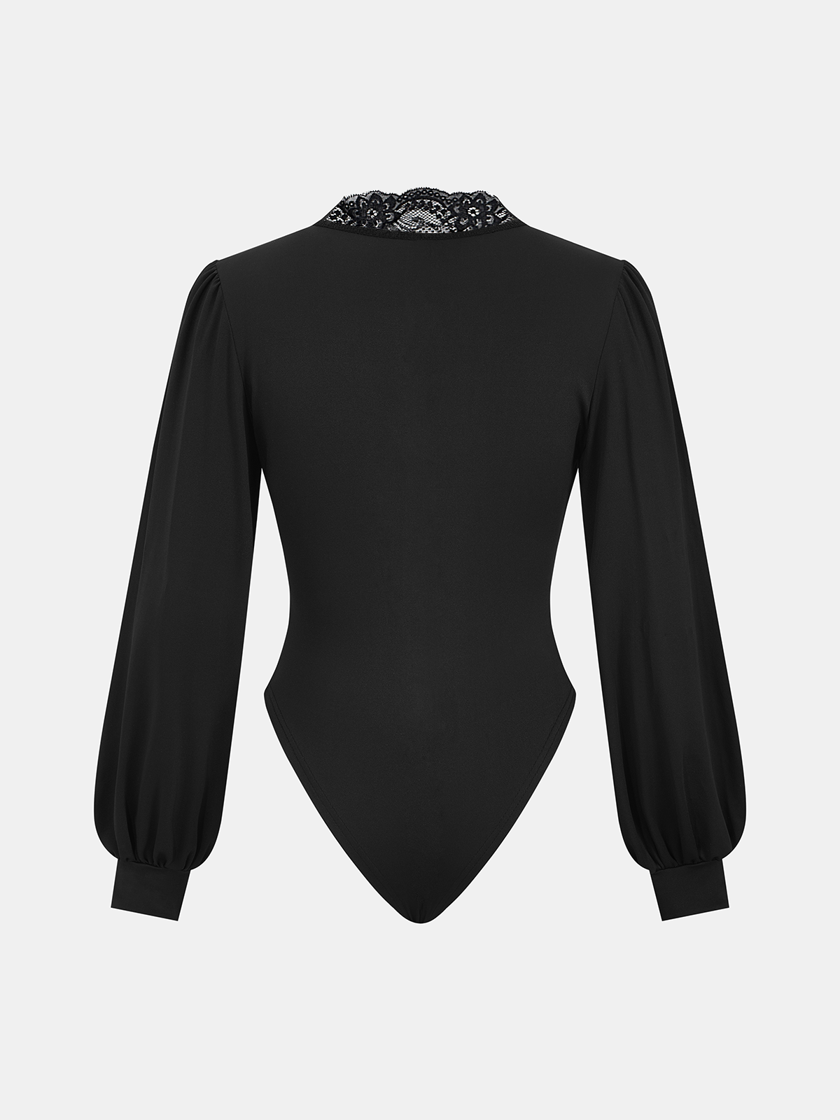 V-neck lace bodysuit with ruched detailing, puffed sleeves, cuffed wrists, invisible zipper.