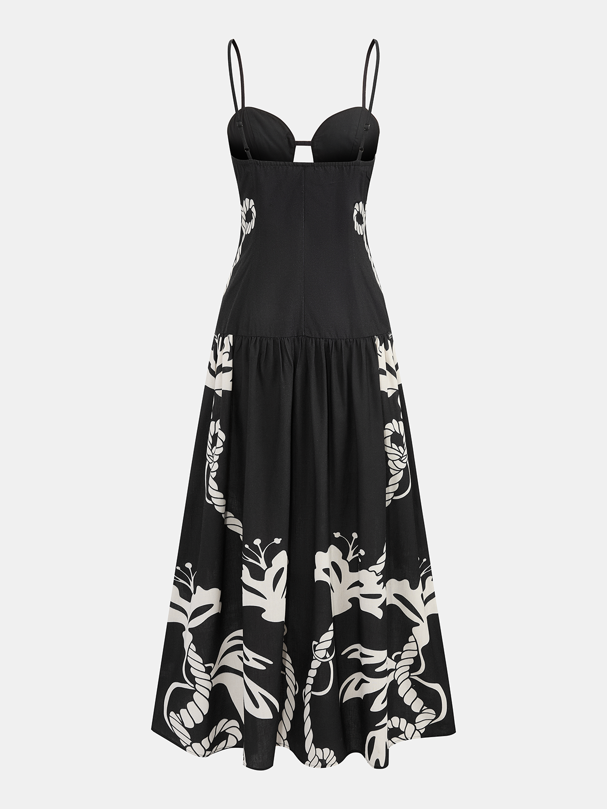 Patterned camisole-style long dress with slim fit, flared skirt, and bold white snake motifs.