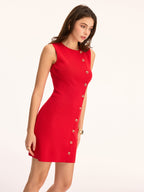 LA FINE FLEUR sleeveless mini sheath dress with a slim fit and diagonal gold buttons.
