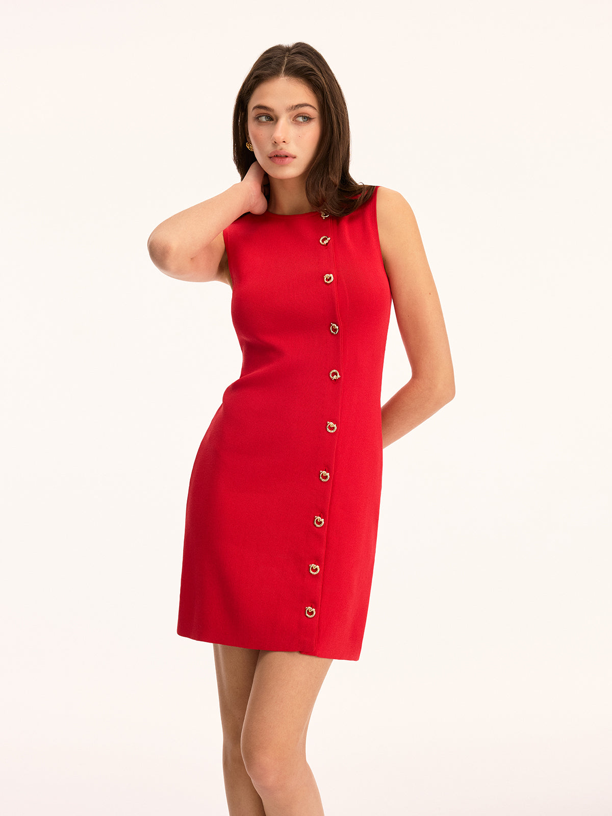 Sleeveless mini sheath dress with front gold buttons from LA FINE FLEUR.