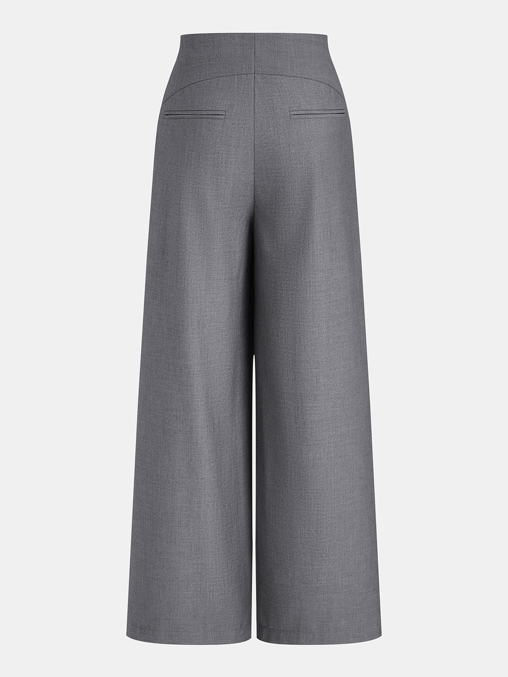 Back view of wrap-style wide-leg trousers with buckles, slit pockets, and tailored chic design.