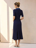 A ribbed midi knit dress with a denim collar, designed by LA FINE FLEUR.