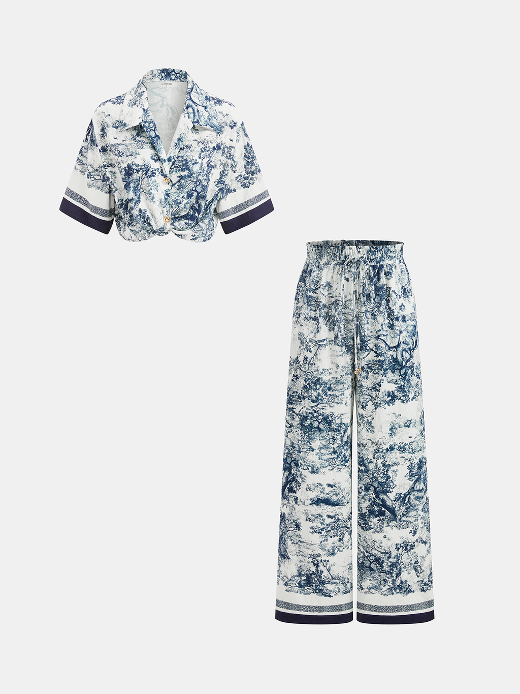 Toile Patterned Shirt with Coordinating Wide-Leg Trousers