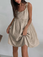 LA FINE FLEUR Levanzo Shoulder-Tie Short Dress in cotton linen blend, summer style.