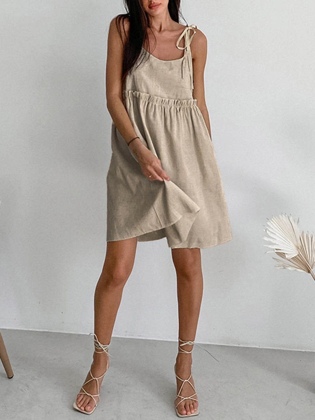 LA FINE FLEUR Levanzo Shoulder-Tie Short Dress with a gathered waist and tie straps.