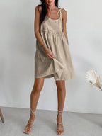 LA FINE FLEUR Levanzo Shoulder-Tie Short Dress with a gathered waist and tie straps.