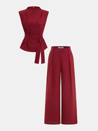 Belted Sleeveless Top with Matching Wide-Leg Trousers