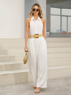 A halter neck jumpsuit with collar and wide legs in a refined, tailored design.