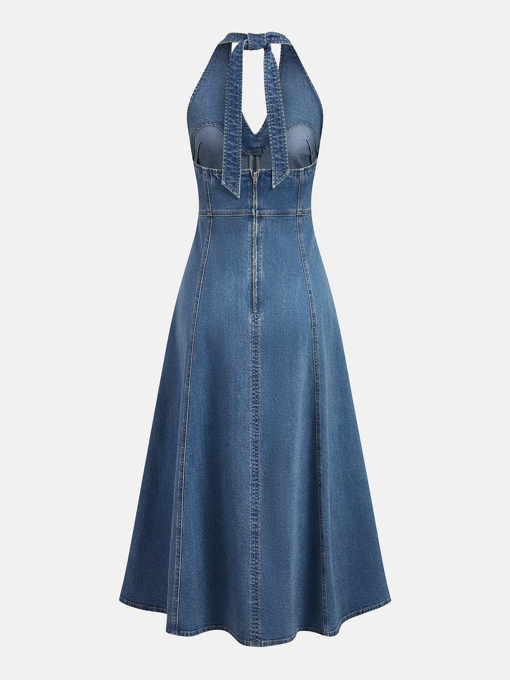 Sleeveless denim midi dress with halter neckline, fitted bodice, flared skirt, zip front.