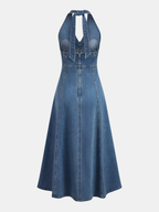 Sleeveless denim midi dress with halter neckline, fitted bodice, flared skirt, zip front.