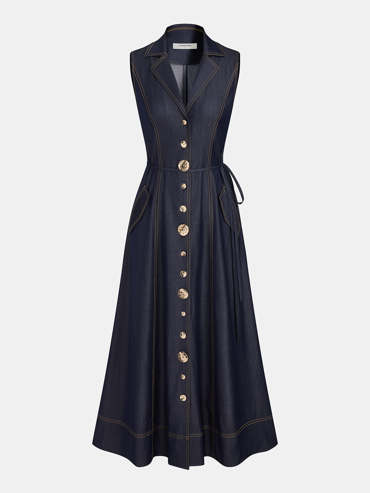 Dark denim sleeveless maxi dress with V-neck, gold buttons, contrast stitching, and tie belt.