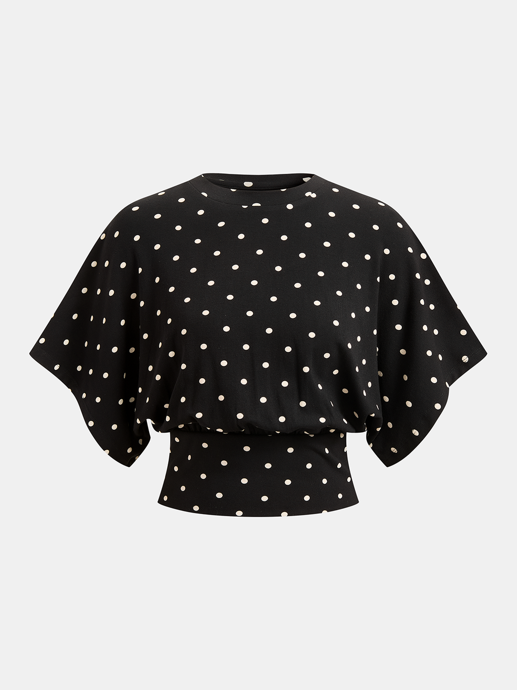 Wide-sleeved black batwing top with white polka dots, crew neck, and cinched waist.