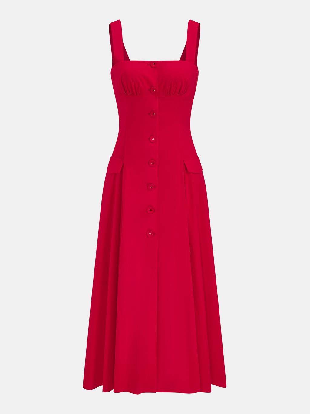 Bright red sleeveless cotton-blend maxi dress with square neck, flared skirt, and front pockets.