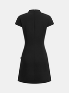 Black knee-length Mandarin collar dress with traditional frog buttons, short sleeves, fitted waist, and back zipper.