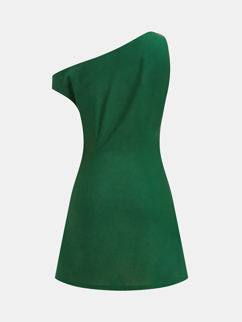Green one-shoulder linen blend mini dress with ruching and a fitted, sleeveless silhouette.
