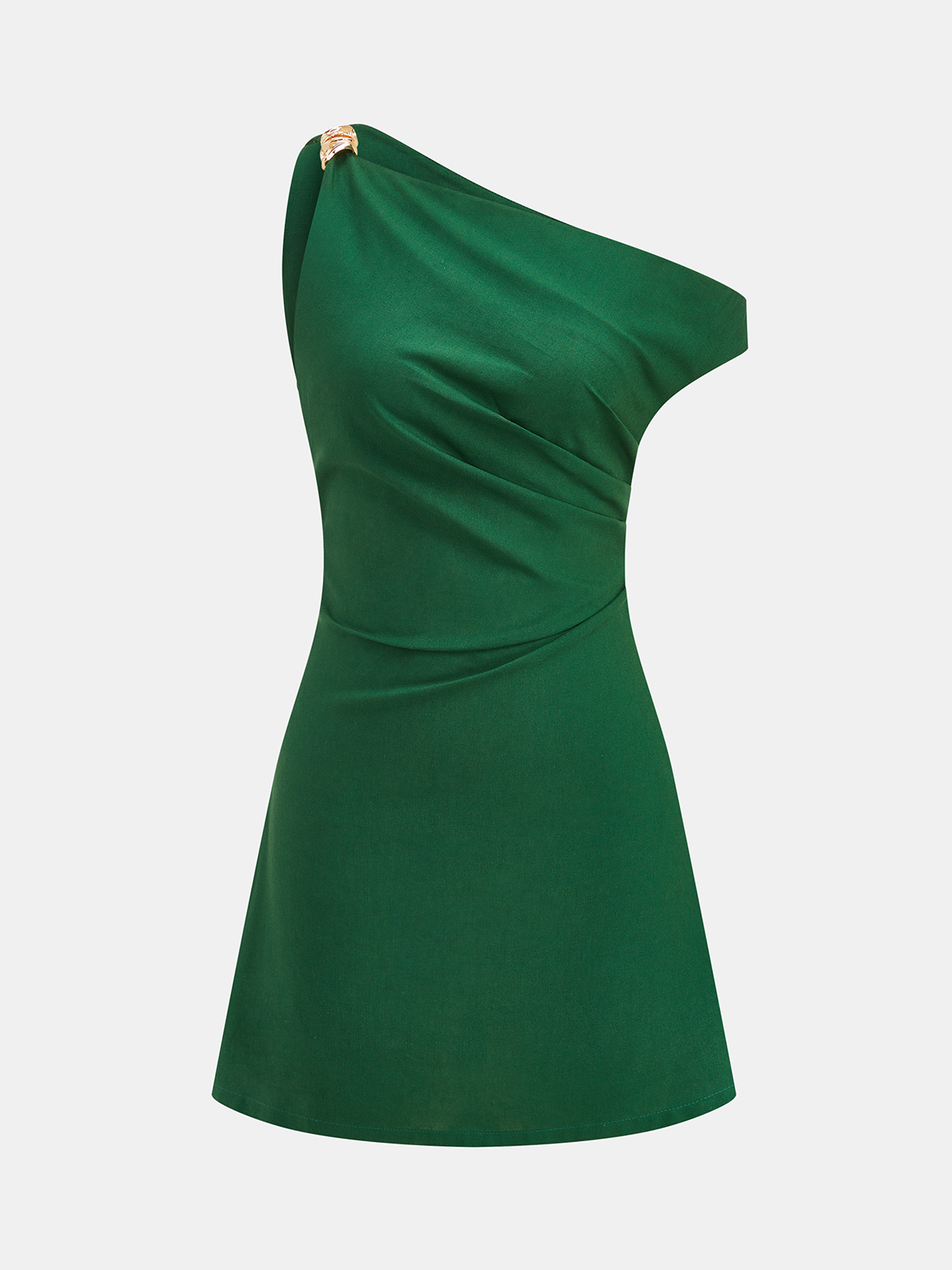 One shoulder emerald green mini dress with ruching, draped bodice, gold hardware, A-line.