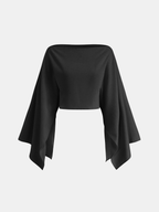 Black off-the-shoulder linen crop top with wide, asymmetrical bold sleeves and slim fit.