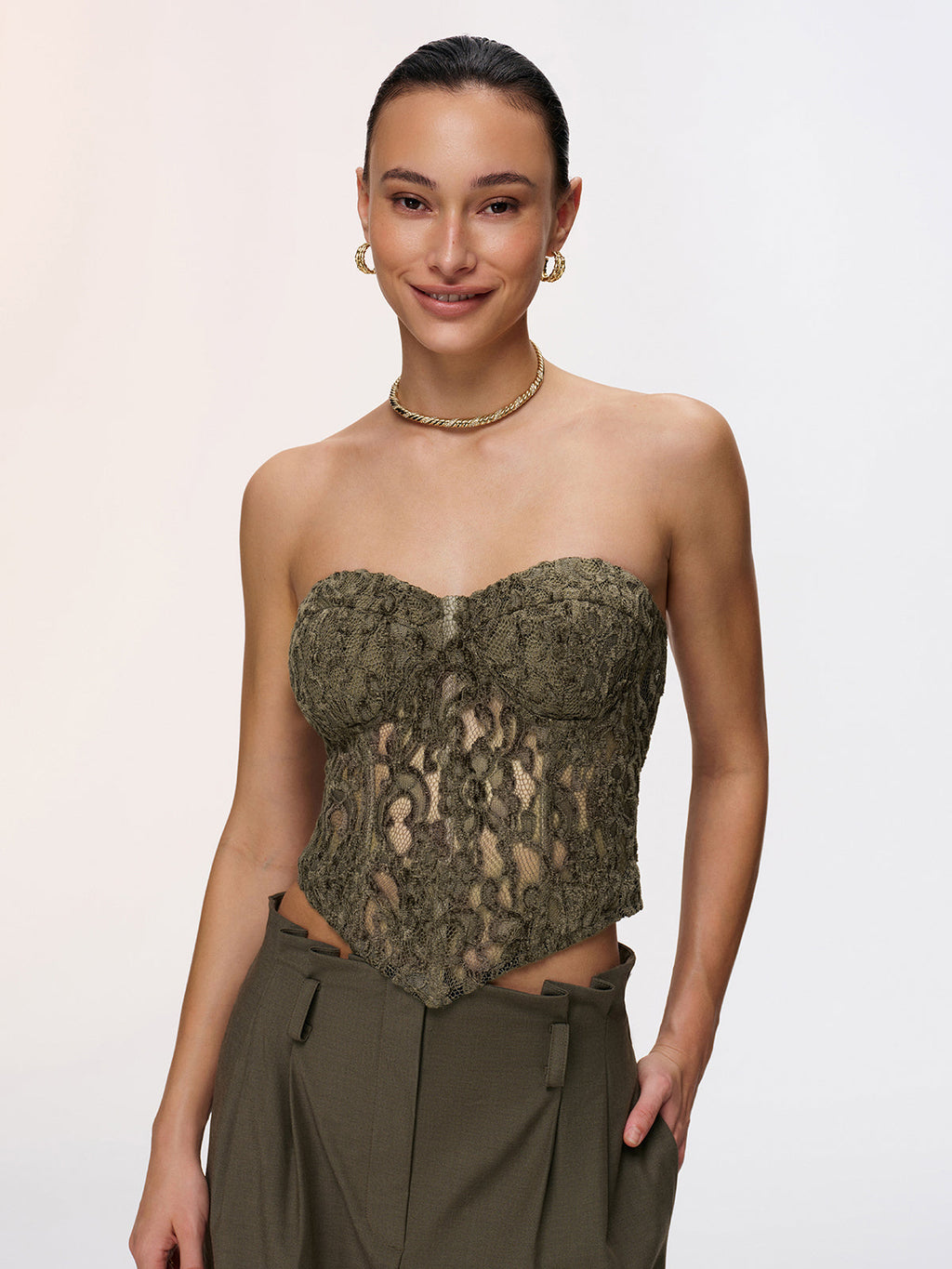 Romantic Lace Strapless Bustier Top and matching high-waisted trousers from LA FINE FLEUR.