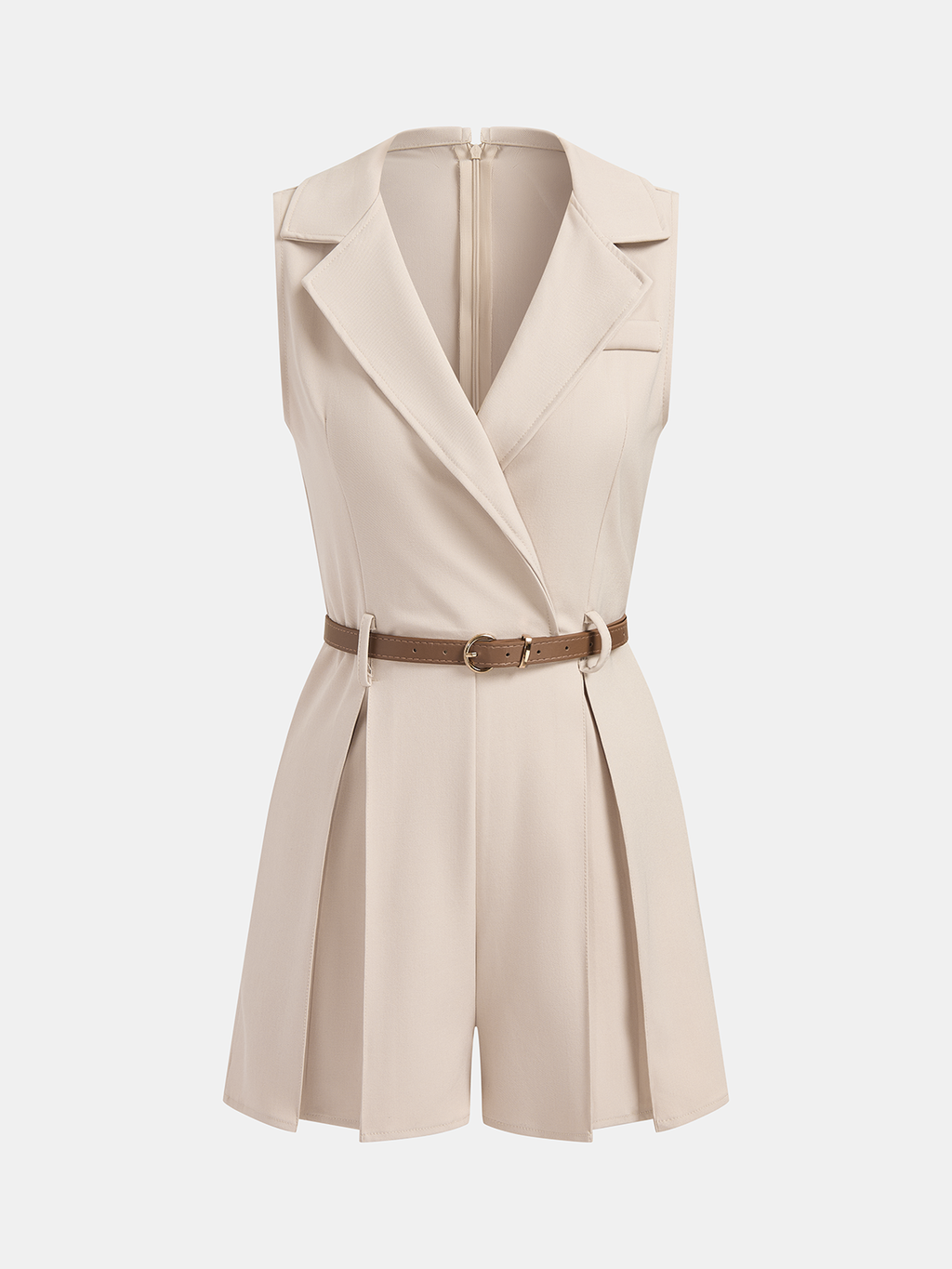 Beige sleeveless belted blazer romper with lapel collar, V-neck, chest pocket, and pleated shorts.