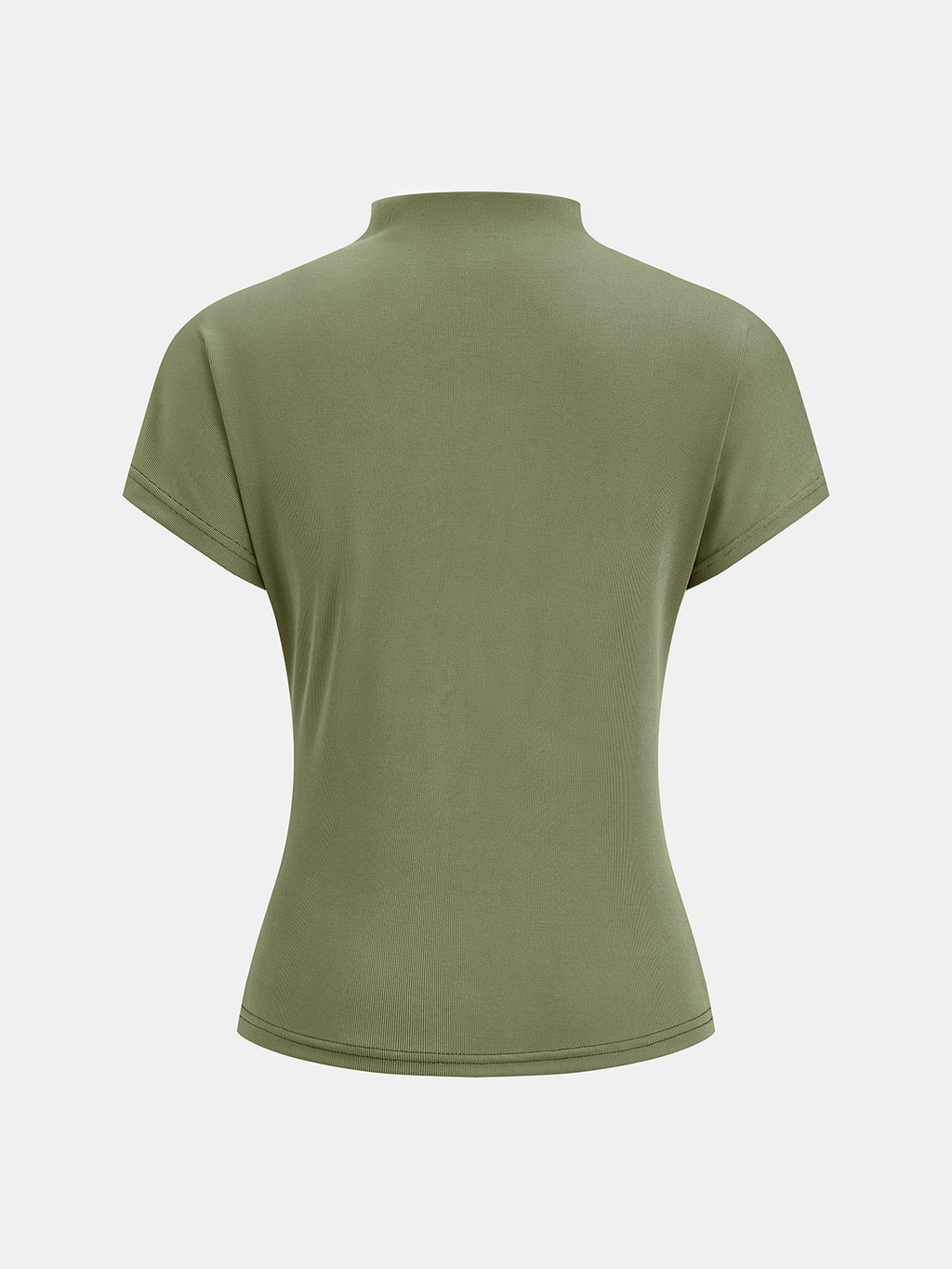 Olive green mock neck top with short sleeves, ruching, and a high standing collar.