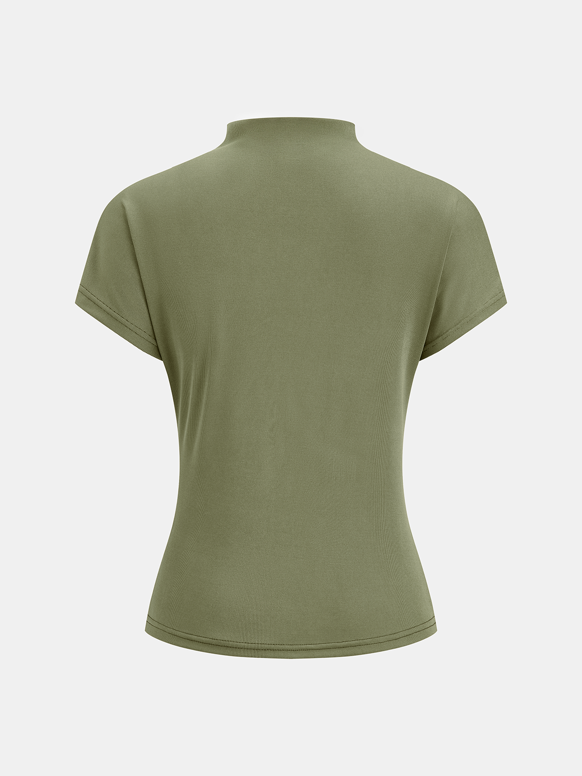 Olive green mock neck top with short sleeves, ruching, and a high standing collar.